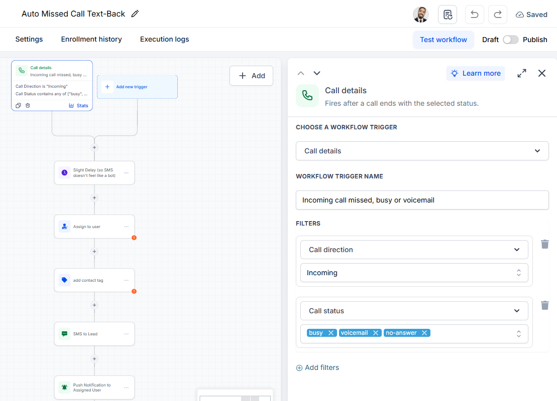 Auto Missed Call Text-Back workflow